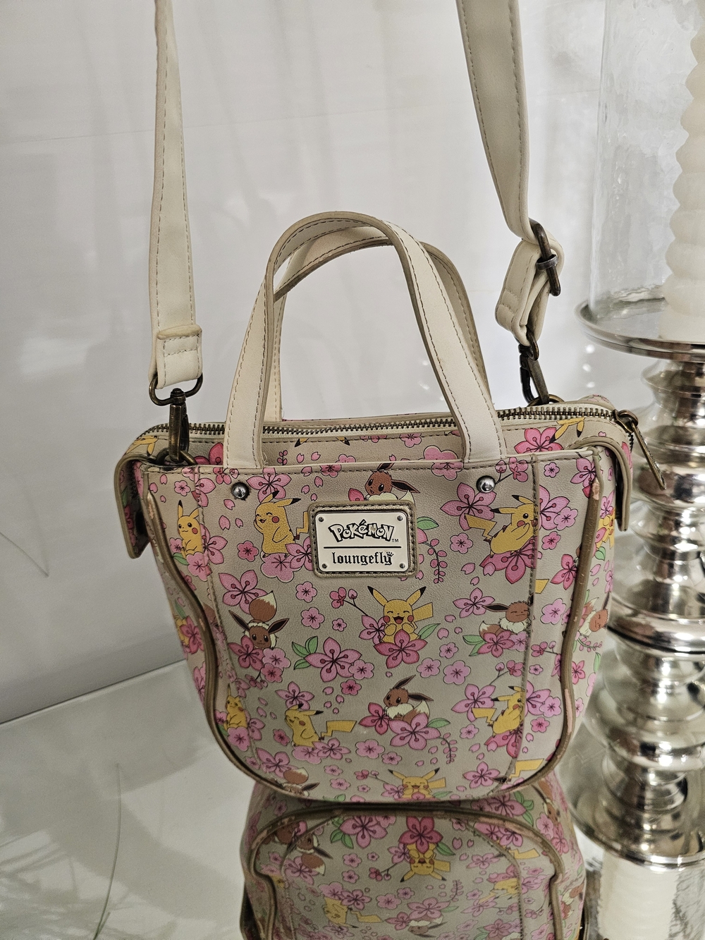 Loungefly Cream Mini Crossbody with Pink Floral Pikachu & Eevee Print